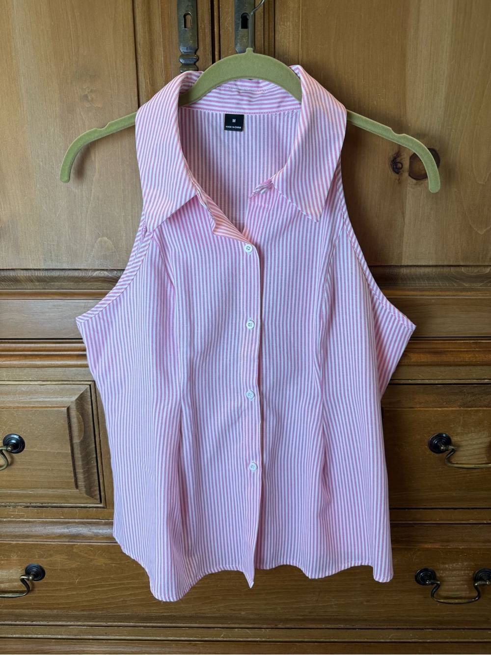 SHEIN Sleeveless Pink Striped Collared Button-Down Top